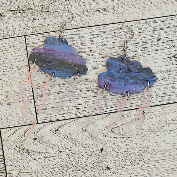 Acrylic Storm Cloud Lightening Bolt Earrings Novelty Magic School Bus - Picture 1 of 5